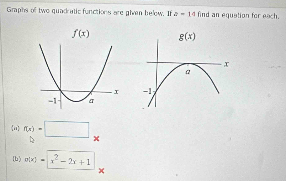 Graphs of two quadratic functions are given below. If a=14 find an equation for each.
f(x)
(a) f(x)=□
(b) g(x)=x^2-2x+1
x