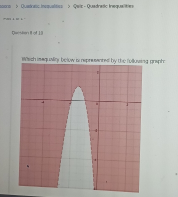 ssons > Quadratic Inequalities > Quiz - Quadratic Inequalities 
◤ ā ⊥ UI ⊥。 
Question 8 of 10 
Which inequa graph: