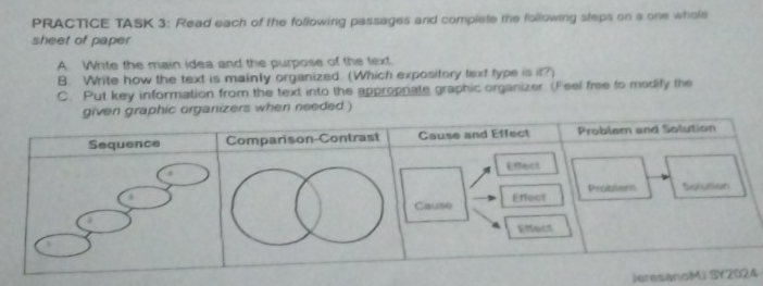 PRACTICE TASK 3: Read each of the following passages and complete the following steps on a one whole 
sheet of paper 
A. Write the main idea and the purpose of the text 
B. Write how the text is mainly organized. (Which expository text type is it?) 
C. Put key information from the text into the appropriate graphic organizer (Feel free to modify the 
eded.) 
Jeresaro4