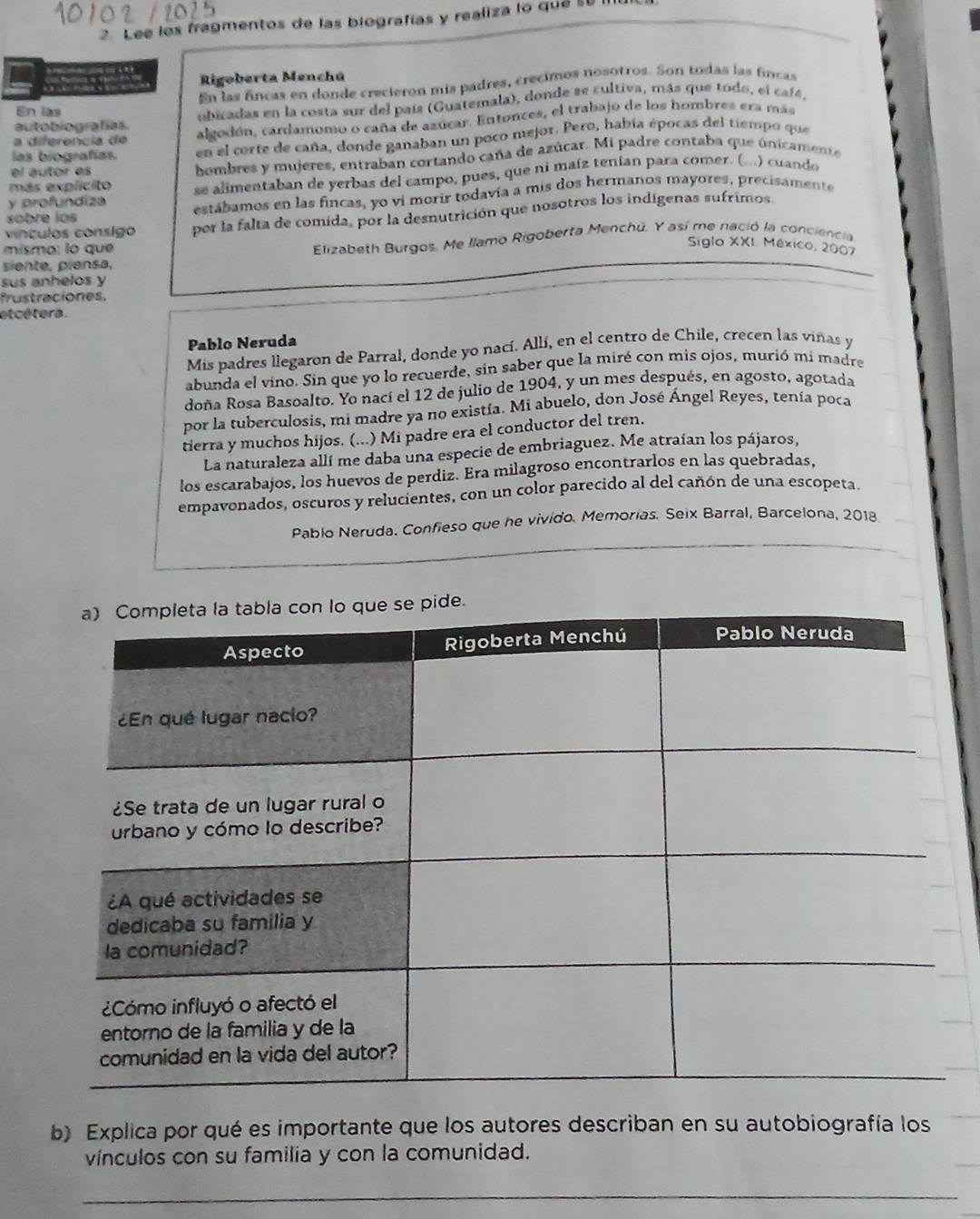Lee los fragmentos de las biografías y realiza lo que SB 
Rigoberta Menchú
En las fncas en donde crecieron mis padres, crecimos nosotros. Son todas las fincas
autobiografías ubicadas en la costa sur del país (Guatemala), donde se cultiva, más que todo, el café,
En las
a diferência de algodón, cardamomo o caña de azurar. Entonces, el trabajo de los hombres era más
las biografías. en el corte de caña, donde ganaban un poco mejor. Pero, había épocas del tiempo que
el autor es bombres y mujeres, entraban cortando caña de azúcar. Mi padre contaba que únicamente
y profundiza se alimentaban de yerbas del campo, pues, que ni maíz tenian para comer. (...) cuando
más explícito
sobre los estábamos en las fincas, yo vi morir todavía a mis dos hermanos mayores, precisamente
vínculos consigo por la falta de comida, por la desnutrición que nosotros los indígenas sufrimos
mísmo: lo que
Elizabeth Burgos. Me llamo Rigoberta Menchú. Y así me nació la conciencia
Siglo XXI. México, 2007
siente, piensa,
sus anhelos y
frustraciones,
etcétera.
Pablo Neruda
Mis padres llegaron de Parral, donde yo nací. Allí, en el centro de Chile, crecen las vinas y
abunda el vino. Sin que yo lo recuerde, sin saber que la miré con mis ojos, murió mi madre
doña Rosa Basoalto. Yo nací el 12 de julio de 1904, y un mes después, en agosto, agotada
por la tuberculosis, mi madre ya no existía. Mi abuelo, don José Ángel Reyes, tenía poca
tierra y muchos hijos. (...) Mi padre era el conductor del tren.
La naturaleza allí me daba una especie de embriaguez. Me atraían los pájaros,
los escarabajos, los huevos de perdiz. Era milagroso encontrarlos en las quebradas,
empavonados, oscuros y relucientes, con un color parecido al del cañón de una escopeta.
Pablo Neruda. Confieso que he vivido. Memorias. Seix Barral, Barcelona, 2018
b) Explica por qué es importante que los autores describan en su autobiografía los
vínculos con su familia y con la comunidad.
_
