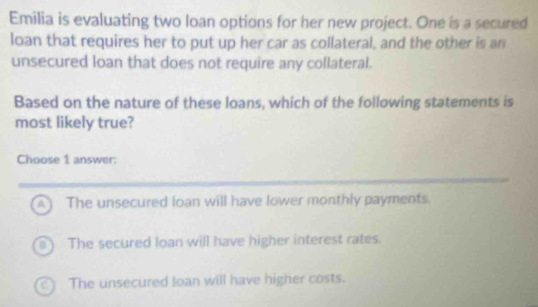 Emilia is evaluating two loan options for her new project. One is a secured
loan that requires her to put up her car as collateral, and the other is an
unsecured loan that does not require any collateral.
Based on the nature of these loans, which of the following statements is
most likely true?
Choose 1 answer:
A The unsecured loan will have lower monthly payments.
The secured loan will have higher interest rates.
The unsecured loan will have higher costs.