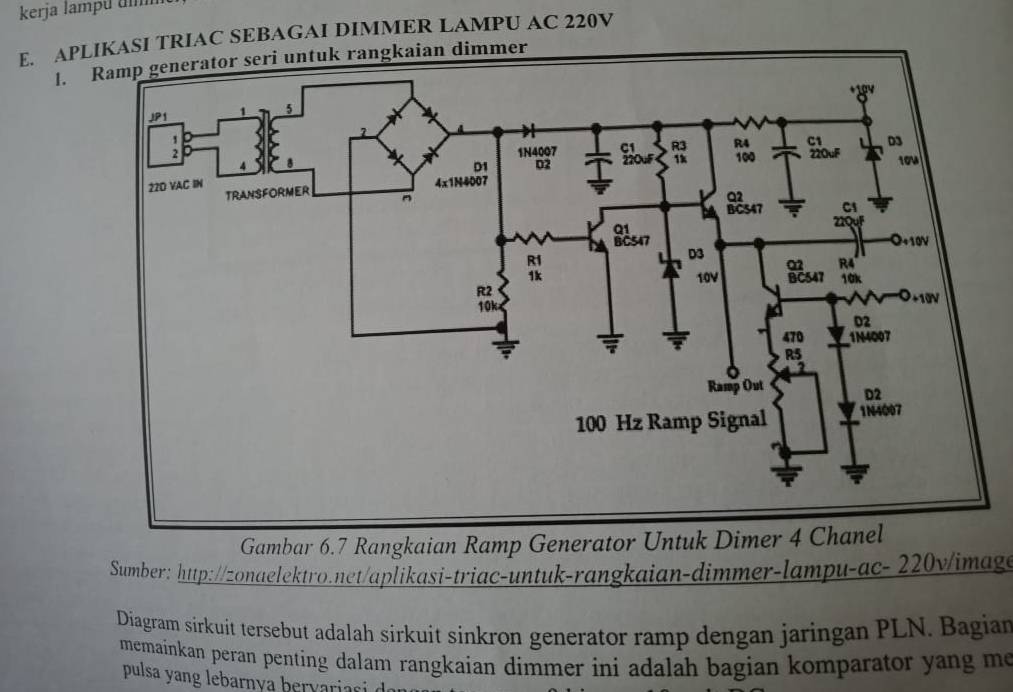 kerja lampu đ 
E. APIKASI TRIAC SEBAGAI DIMMER LAMPU AC 220V
1. Ramp generator seri untuk rangkaian dimmer 
Gambar 6.7 Rangkaian Ramp Generator Untuk Dimer 4 Chanel 
Sumber: http://zonaelektro.net/aplikasi-triac-untuk-rangkaian-dimmer-lampu-ac- 220v/image 
Diagram sirkuit tersebut adalah sirkuit sinkron generator ramp dengan jaringan PLN. Bagian 
memainkan peran penting dalam rangkaian dimmer ini adalah bagian komparator yang me 
pulsa yang lebarnva bervariari dar