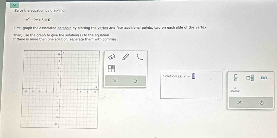 Solve the equation by graphing.
-x^2-2x+8=0
First, graph the associated parabola by plotting the vertex and four additional points, two on each side of the vertex. 
Then, use the graph to give the solution(s) to the equation. 
If there is more than one solution, separate them with commas.
 □ /□    □ /□  
Solution(s): x= □,□, 
× 5 
No 
solution 
×