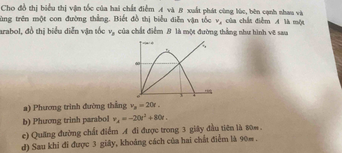 Cho đồ thị biểu thị vận tốc của hai chất điểm A và B xuất phát cùng lúc, bên cạnh nhau và
tùng trên một con đường thẳng. Biết đồ thị biểu diễn vận tốc của chất điểm A là một
v_A
arabol, đồ thị biểu diễn vận tốc v_B của chất điểm B là một đường thằng như hình vẽ sau
a) Phương trình đường thẳng v_B=20t.
b) Phương trình parabol v_A=-20t^2+80t.
c) Quãng đường chất điểm A đi được trong 3 giây đầu tiên là 80m.
d) Sau khi đi được 3 giây, khoảng cách của hai chất điểm là 90m.