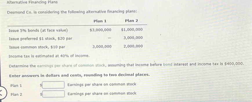 Alternative Financing Plans 
Desmond Co. is considering the following alternative financing plans: 
Income tax is estimated at 40% of income. 
Determine the earnings per share of common stock, assuming that income before bond interest and income tax is $400,000. 
Enter answers in dollars and cents, rounding to two decimal places. 
Plan 1 $ Earnings per share on common stock 
Plan 2 $ Earnings per share on common stock