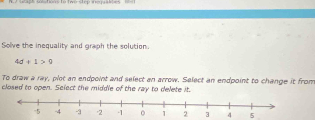 Graph solutions to two-step inequalities W H 
Solve the inequality and graph the solution.
4d+1>9
To draw a ray, plot an endpoint and select an arrow. Select an endpoint to change it from 
closed to open. Select the middle of the ray to delete it.
4 5