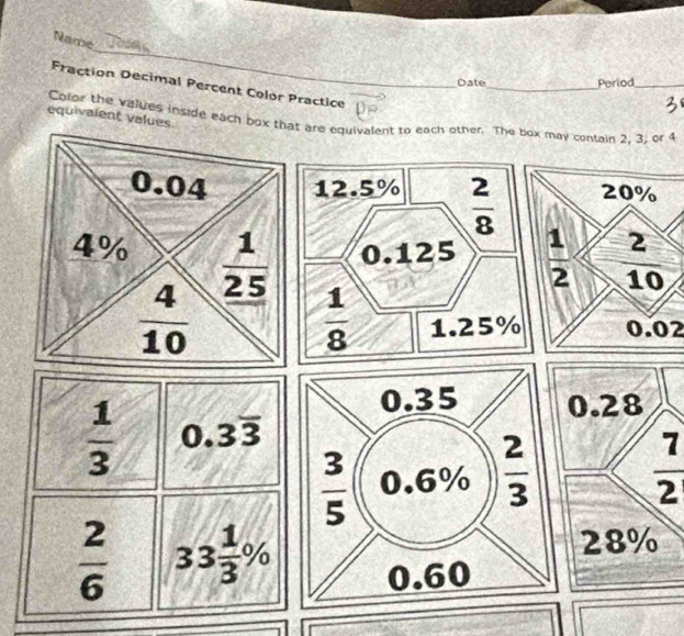 Name
_
_
Date Period_
Fraction Decimal Percent Color Practice
equivalent values.
Color the values inside each box that are equivalent to each other. The box may contain 2, 3, or 4
0.02
 7/2 