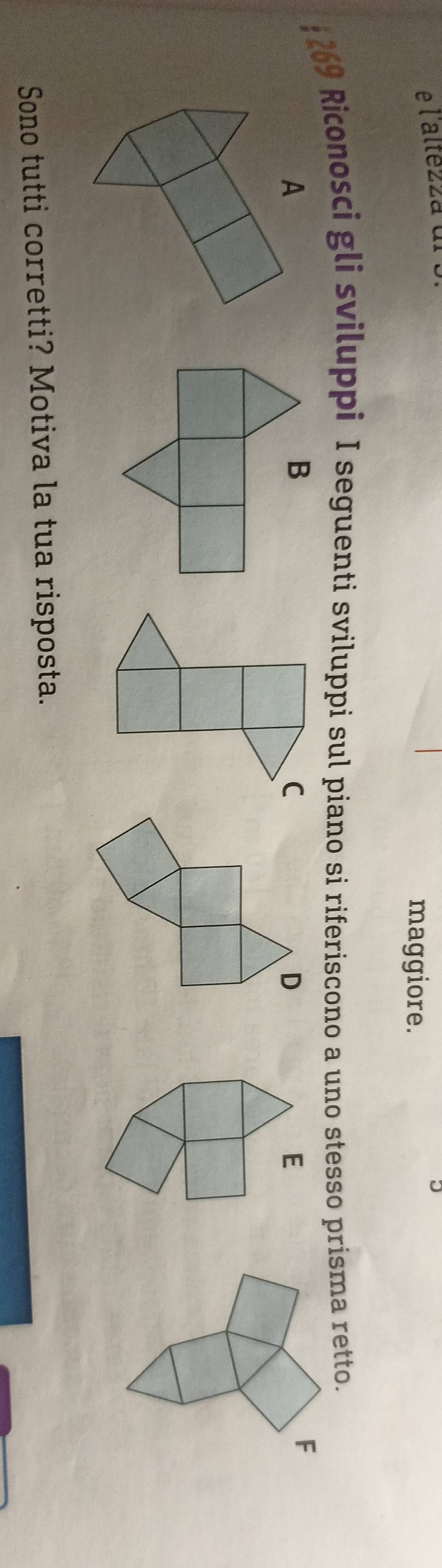 l'altez2a ul 
maggiore. 
; 269 Riconosci gli sviluppi I seguenti sviluppi sul piano si riferiscono a uno stesso prisma retto. 
C 
D 
E 
F 
Sono tutti corretti? Motiva la tua risposta.