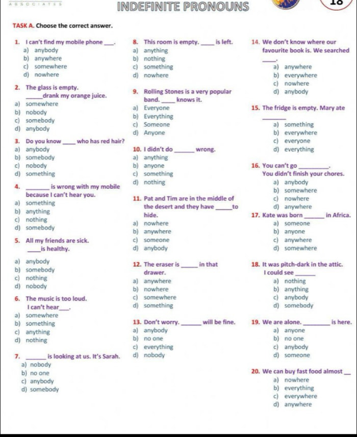 INDEFINITE PRONOUNS
10
TASK A. Choose the correct answer.
1. I can't find my mobile phone _. 8. This room is empty. _is left. 14. We don’t know where our
a) anybody a) anything favourite book is. We searched
b) anywhere b) nothing _.
c) somewhere c) something a) anywhere
d) nowhere d) nowhere b) everywhere
c) nowhere
2. The glass is empty. 9. Rolling Stones is a very popular d) anybody
_drank my orange juice. band. _knows it.
a) somewhere a) Everyone 15. The fridge is empty. Mary ate
b) nobody b) Everything
_
c) somebody c) Someone a) something
d) anybody d) Anyone b) everywhere
3. Do you know _who has red hair? c) everyone
a) anybody 10. I didn’t do_ wrong. d) everything
b) somebody a) anything
c) nobody b) anyone 16. You can’t go_ .
d) something c) something You didn’t finish your chores.
4. _is wrong with my mobile d) nothing a) anybody
because I can’t hear you. b) somewhere
a) something 11. Pat and Tim are in the middle of c) nowhere
the desert and they have _to d) anywhere
_
b) anything hide. 17. Kate was born in Africa.
c) nothing a) nowhere a) someone
d) somebody b) anywhere b) anyone
5. All my friends are sick. c) someone c) anywhere
_is healthy. d) anybody d) somewhere
a) anybody 12. The eraser is_ in that 18. It was pitch-dark in the attic.
b) somebody drawer. I could see_
c) nothing a) anywhere a) nothing
d) nobody b) nowhere b) anything
6. The music is too loud. c) somewhere c) anybody
I can’t hear_ . d) something d) somebody
a) somewhere
b) something 13. Don’t worry._ will be fine. 19. We are alone. _is here.
c) anything a) anybody a) anyone
b) no one b) no one
d) nothing c) everything
c) anybody
7. _is looking at us. It’s Sarah. d) nobody d) someone
a) nobody
b) no one 20. We can buy fast food almost_
c) anybody a) nowhere
d) somebody b) everything
c) everywhere
d) anywhere