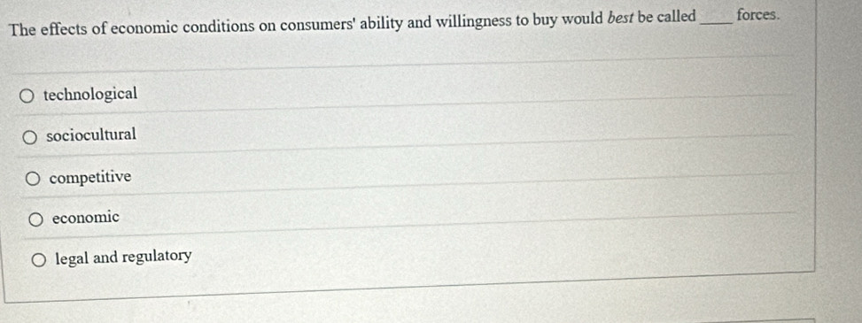 The effects of economic conditions on consumers' ability and willingness to buy would best be called_ forces.
technological
sociocultural
competitive
economic
legal and regulatory