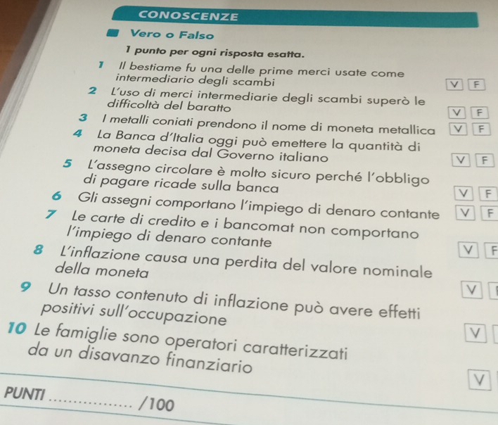 CONOSCENZE 
Vero o Falso 
1 punto per ogni risposta esatta. 
1 Il bestiame fu una delle prime merci usate come 
intermediario degli scambi 
ν F 
2 L'uso di merci intermediarie degli scambi superò le 
difficoltà del baratto 
F 
3 I metalli coniati prendono il nome di moneta metallica V F 
4 La Banca d'Italia oggi può emettere la quantità di 
moneta decisa dal Governo italiano 
F 
5 L'assegno circolare è molto sicuro perché l'obbligo 
di pagare ricade sulla banca 
V F 
6 Gli assegni comportano l’impiego di denaro contante ν F 
7 Le carte di credito e i bancomat non comportano 
l'impiego di denaro contante 
V F 
8 L'inflazione causa una perdita del valore nominale 
della moneta 
V 
9 Un tasso contenuto di inflazione può avere effetti 
positivi sull’occupazione 
V 
10 Le famiglie sono operatori caratterizzati 
da un disavanzo finanziario 
_ 
V 
PUNTI_ /100