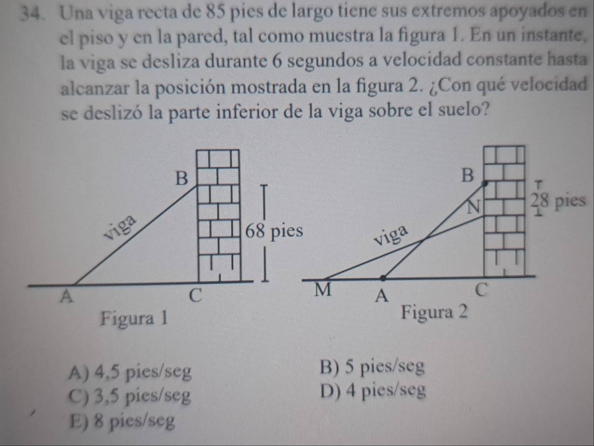 Una viga recta de 85 pies de largo tiene sus extremos apoyados en
el piso y en la pared, tal como muestra la figura 1. En un instante,
la viga se desliza durante 6 segundos a velocidad constante hasta
alcanzar la posición mostrada en la figura 2. ¿Con qué velocidad
se deslizó la parte inferior de la viga sobre el suelo?
B
B
T
N 28 pies
viga
68 pies
viga
A
C
M A
C
Figura 1 Figura 2
A) 4,5 pies/seg B) 5 pies/ seg
C) 3,5 pies/ seg D) 4 pies/seg
E) 8 pies/ seg