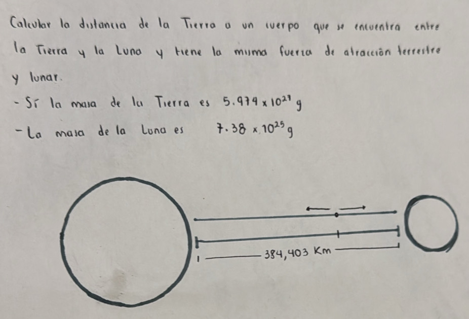 Calcular la distancia de la Tierra a on (verpo gue se eneventra entre 
la Tierra y la Luna y Hene la muma foeria de atraccion terresite 
y lunar. 
- Si la masa de lu Tierra es 5.974* 10^(27)g
- La masa de la Lona es 7.38* 10^(25)g