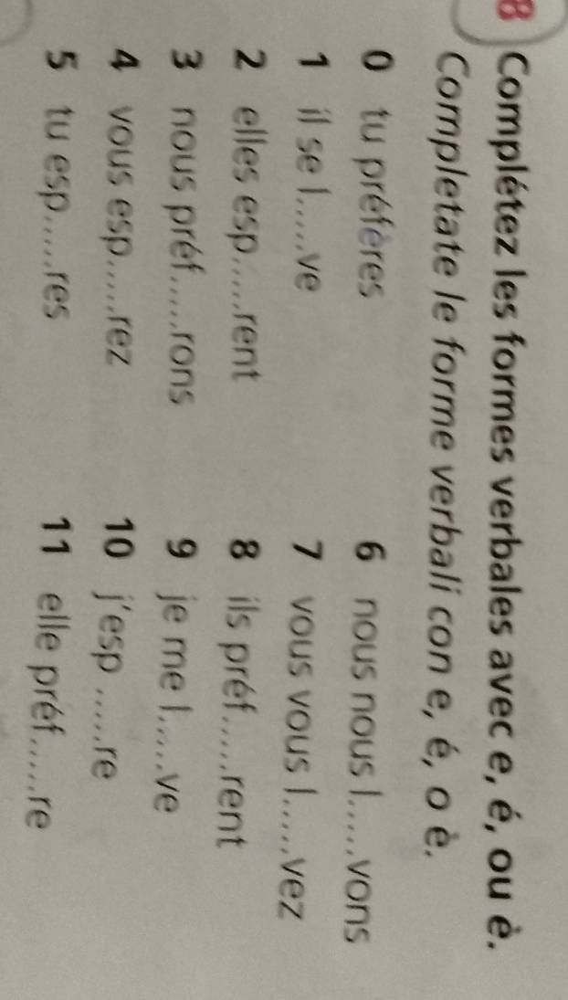 Complétez les formes verbales avec e, é, ou è. 
Completate le forme verbali con e, é, o è. 
0 tu préfères 6 nous nous l.....vons 
1 il se l....ve 7 vous vous l....vez 
2 elles esp…rent 8 ils préf.rent 
3 nous préf.....rons 9 je me I.....ve 
4 vous esp..rez 10 j'esp ..re 
5 tu esp.res 11 elle préfre