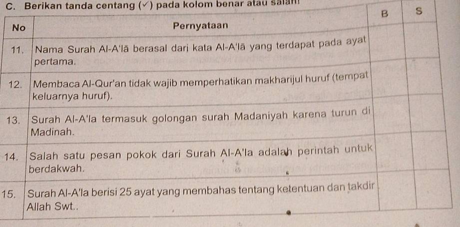 Berikan tanda centang (√) pada kolom benar atau salan! 
s
1
1
1
15