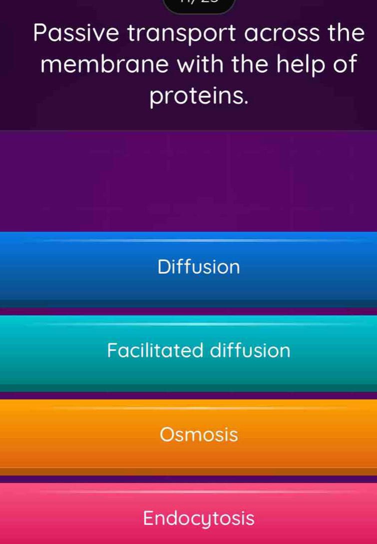 Passive transport across the
membrane with the help of
proteins.
Diffusion
Facilitated diffusion
Osmosis
Endocytosis