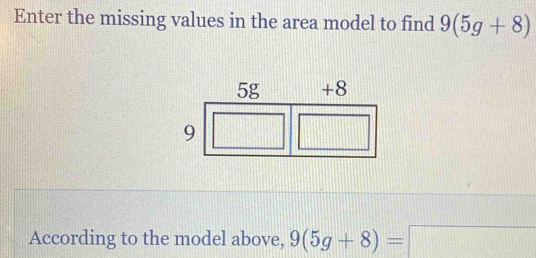 Enter the missing values in the area model to find 9(5g+8)
According to the model above, 9(5g+8)=□