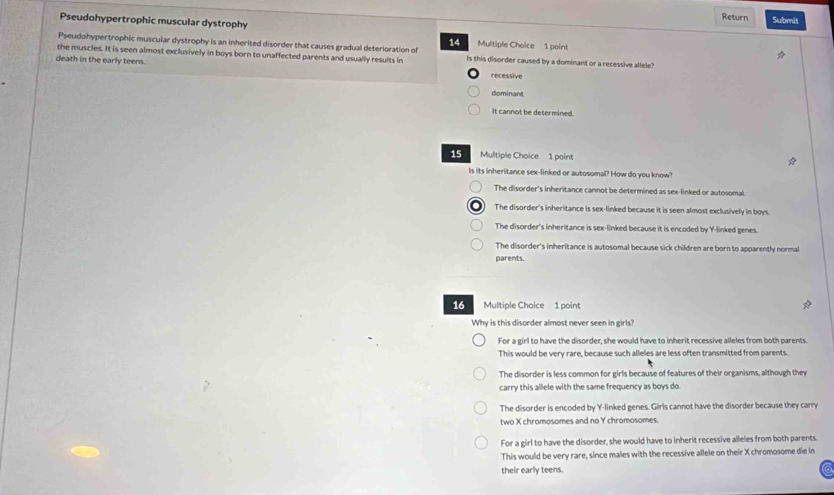 Return Submit
Pseudohypertrophic muscular dystrophy Multiple Choice 1 point
14
Pseudohypertrophic muscular dystrophy is an inherited disorder that causes gradual deterioration of
the muscles. It is seen almost exclusively in boys born to unaffected parents and usually results in Is this disorder caused by a dominant or a recessive allele?
death in the early teens. recessive
dominant
It cannot be determined.
15 Multiple Choice 1 point
*
Is its inheritance sex-linked or autosomal? How do you know?
The disorder's inheritance cannot be determined as sex-linked or autosomal.
The disorder's inheritance is sex-linked because it is seen almost exclusively in boys.
The disorder's inheritance is sex-linked because it is encoded by Y -linked genes.
The disorder's inheritance is autosomal because sick children are born to apparently normal
parents.
16 Multiple Choice 1 point
Why is this disorder almost never seen in girls?
For a girl to have the disorder, she would have to inherit recessive alleles from both parents.
This would be very rare, because such alleles are less often transmitted from parents.
The disorder is less common for girls because of features of their organisms, although they
carry this allele with the same frequency as boys do
The disorder is encoded by Y -linked genes. Girls cannot have the disorder because they carry
two X chromosomes and no Y chromosomes.
For a girl to have the disorder, she would have to inherit recessive alleles from both parents.
This would be very rare, since males with the recessive allele on their X chromosome die in
their early teens.