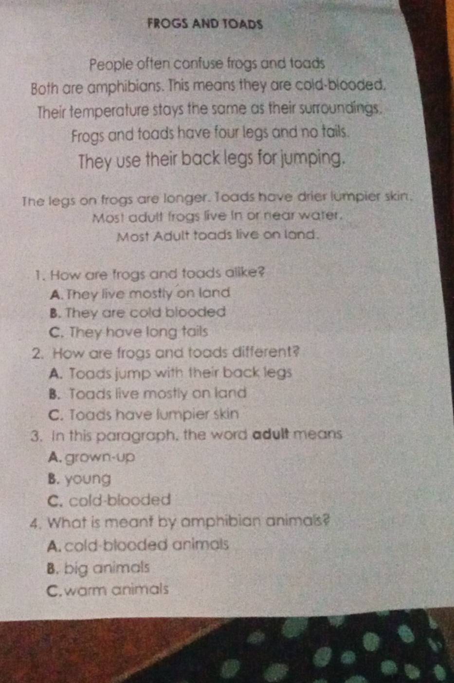 FROGS AND TOADS
People often confuse frogs and toads
Both are amphibians. This means they are cold-blooded,
Their temperature stays the same as their surroundings.
Frogs and toads have four legs and no tails.
They use their back legs for jumping.
The legs on frogs are longer. Toads have drier lumpier skin,
Most adult frogs live in or near water.
Most Adult toads live on land.
1. How are frogs and toads alike?
A. They live mostly on land
B. They are cold blooded
C. They have long tails
2. How are frogs and toads different?
A. Toads jump with their back legs
B. Toads live mostly on land
C. Toads have lumpier skin
3. In this paragraph, the word adult means
A. grown-up
B. young
C. cold-blooded
4. What is meant by amphibian animals?
A. cold-blooded animals
B. big animals
C.warm animals