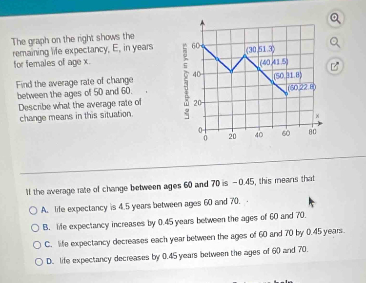 The graph on the right shows the
remaining life expectancy, E, in years
for females of age x.
Find the average rate of change
between the ages of 50 and 60.
Describe what the average rate of 
change means in this situation.
lf the average rate of change between ages 60 and 70 is -0.45, this means that
A. life expectancy is 4.5 years between ages 60 and 70.
B. life expectancy increases by 0.45 years between the ages of 60 and 70.
C. life expectancy decreases each year between the ages of 60 and 70 by 0.45 years.
D. life expectancy decreases by 0.45 years between the ages of 60 and 70.