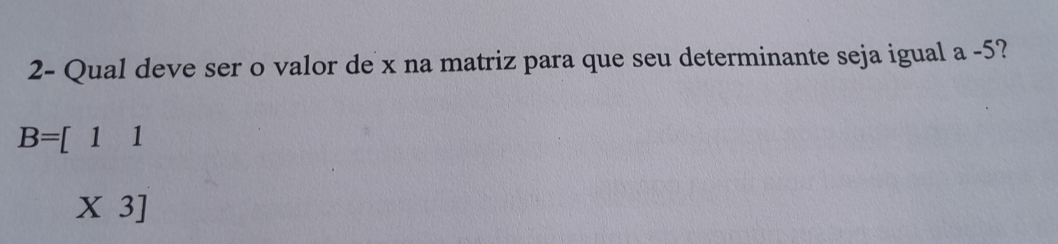 2- Qual deve ser o valor de x na matriz para que seu determinante seja igual a -5?
B=[11
X 3]