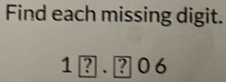 Find each missing digit.
1?.?06