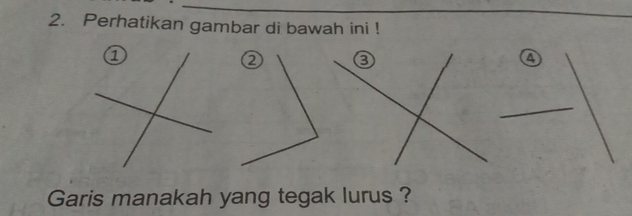 Perhatikan gambar di bawah ini ! 
④ 
_ 
Garis manakah yang tegak lurus ?