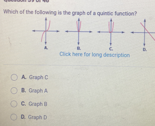 Which of the following is the graph of a quintic function?
A.
B.
C.
D.
Click here for long description
A. Graph C
B. Graph A
C. Graph B
D. Graph D