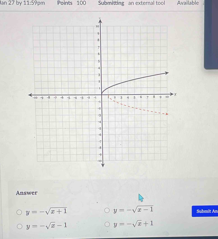 Jan 27 by 11:59 pm Points 100 Submitting an external tool Available 
Answer
y=-sqrt(x-1)
y=-sqrt(x+1) Submit An
y=-sqrt(x)-1
y=-sqrt(x)+1