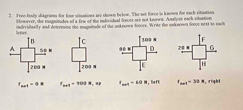 Free-body diagrams for four situations are shown below. The net force is known for each situation. 
However, the magnitudes of a few of the individual forces are not known. Analyze each situation 
individually and determine the magnitude of the unknown forces. Write the unknown force next to each 
letter.
C
F
20 N G
200 N
H
F_net=0N F_net=900N,up F_net=60N , left F_net=30N , right