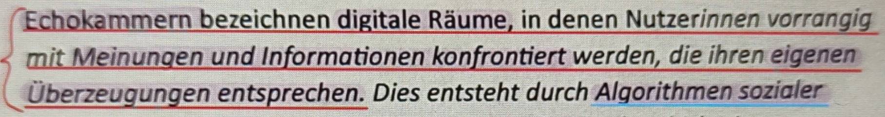 Echokammern bezeichnen digitale Räume, in denen Nutzerinnen vorrangig 
mit Meinungen und Informationen konfrontiert werden, die ihren eigenen 
Überzeugungen entsprechen. Dies entsteht durch Algorithmen sozialer