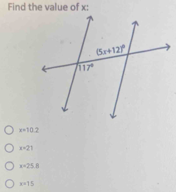 Find the value of x:
x=10.2
x=21
x=25.8
x=15