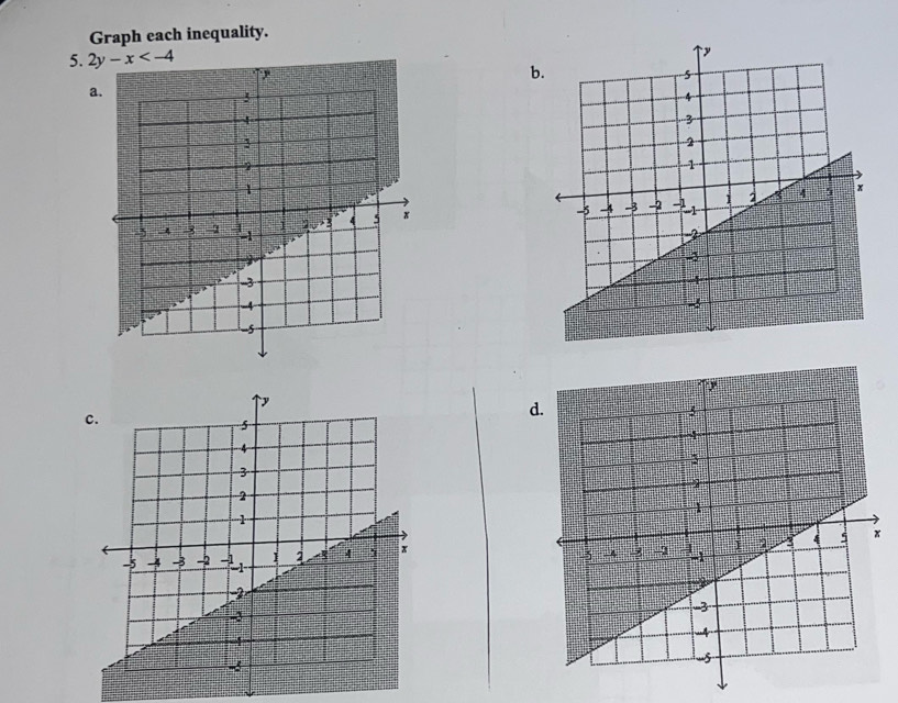 Graph each inequality. 
5. 2y-x
b. 
a. 
d.