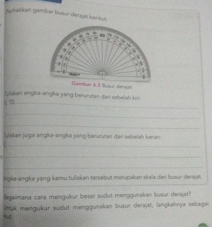 Peratikan gambar busur derajat berikut.
75
66
50 xiū liú íng 90 100 110 120 1ý 6
1
190
* 140
a 2
2 2
8
: 
Hes 
Gambar 6.5 Busur derajat 
Tuliskan angka-angka yang berurutan dari sebelah kiri:
0, 10,_ 
_ 
_ 
Tuliskan juga angka-angka yang berurutan dari sebelah kanan: 
_ 
_ 
_ 
Angka-angka yang kamu tuliskan tersebut merupakan skala dari busur derajat. 
_ 
_ 
agaimana cara mengukur besar sudut menggunakan busur derajat? 
Untuk mengukur sudut menggunakan busur derajat, langkahnya sebagai 
r kut.