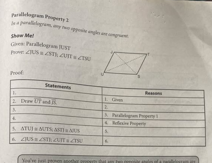 Parallelogram Property 2 
In a parallelogram, any two opposite angles are congruent. 
Show Me! 
Given: Parallelogram JUST 
Prove: ∠ JUS≌ ∠ STJ; ∠ UJT≌ ∠ TSU
Proof: 
Statements 
Reasons 
1. 1. Given 
2. Draw overline UT and overline JS. 
3. 
2. 
4. 
3. Parallelogram Property 1 
4. Reflexive Property 
5. △ TUJ≌ △ UTS; △ STJ≌ △ JUS 5. 
6. ∠ JUS≌ ∠ STJ; ∠ UJT≌ ∠ TSU 6. 
You’ve just proven another property that any two opposite angles of a parallelogram are