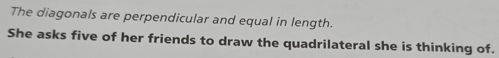 The diagonals are perpendicular and equal in length. 
She asks five of her friends to draw the quadrilateral she is thinking of.