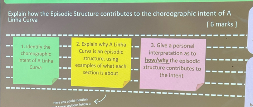 Explain how the Episodic Structure contributes to the choreographic intent of A 
Linha Curva 
[ 6 marks ] 
1. Identify the 2. Explain why A Linha 3. Give a personal 
choreographic Curva is an episodic interpretation as to 
intent of A Linha structure, using how/why the episodic 
Curva examples of what each structure contributes to 
section is about the intent 
Here you could mention 
me sections follow a 
b