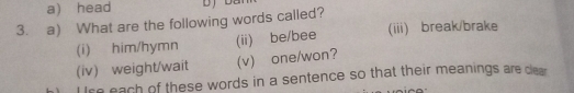 a) head
3. a) What are the following words called?
(i) him/hymn (ii) be/bee (iii) break/brake
(iv) weight/wait (v) one/won?
I re each of these words in a sentence so that their meanings are clea.