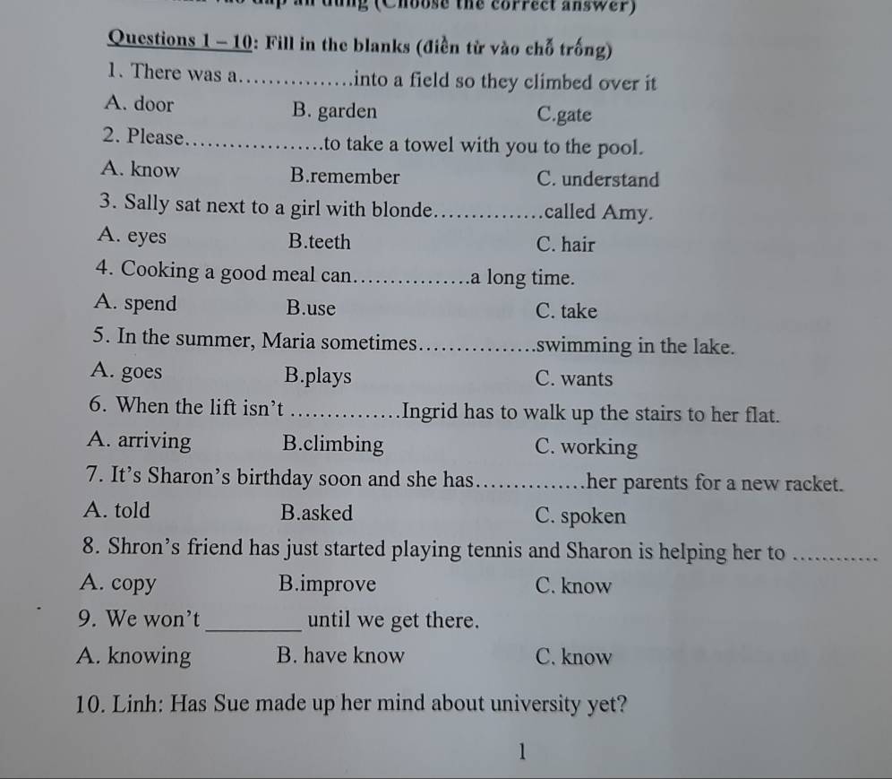 Giải quyết:ung (Choose the correct answer) Questions 1 - 10: Fill in ...