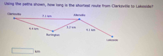 Using the paths shown, how long is the shortest route from Clarksville to Lakeside?
□ km