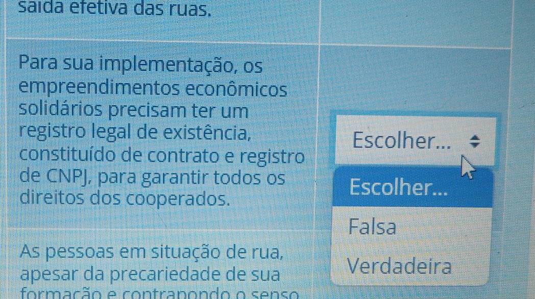 saída efetiva das ruas.
Para sua implementação, os
empreendimentos econômicos
solidários precisam ter um
registro legal de existência,
Escolher.
constituído de contrato e registro
de CNPJ, para garantir todos os
Escolher...
direitos dos cooperados.
Falsa
As pessoas em situação de rua,
apesar da precariedade de sua
Verdadeira
formação e contranondo o senso