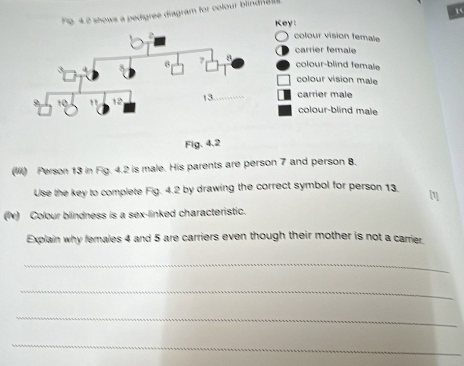 Fig 4.2 shows a pedigree diagram for colour blindnes 
Key: 
colour vision female 
carrier female 
colour-blind female 
colour vision male 
carrier male 
colour-blind male 
Fig. 4,2 
(ii) Person 13 in Fig. 4.2 is male. His parents are person 7 and person 8. 
Use the key to complete Fig. 4.2 by drawing the correct symbol for person 13. 
[1] 
() Colour blindness is a sex-linked characteristic. 
Explain why females 4 and 5 are carriers even though their mother is not a carrier. 
_ 
_ 
_ 
_