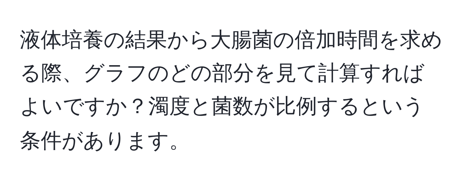 液体培養の結果から大腸菌の倍加時間を求める際、グラフのどの部分を見て計算すればよいですか？濁度と菌数が比例するという条件があります。