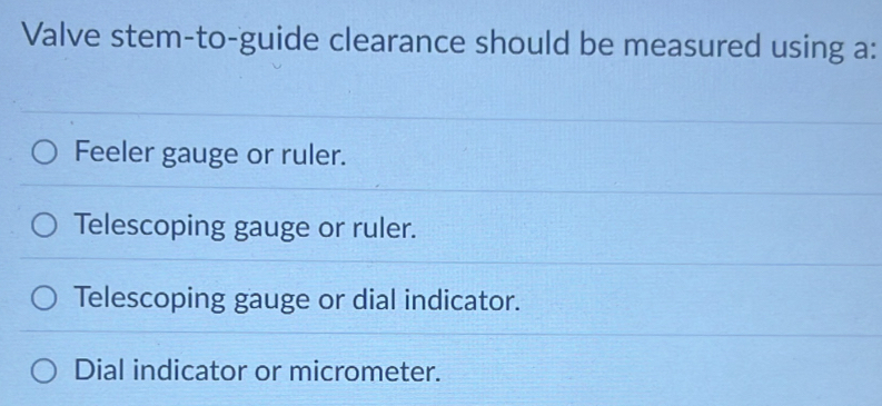 Solved: Valve stem-to-guide clearance should be measured using a ...