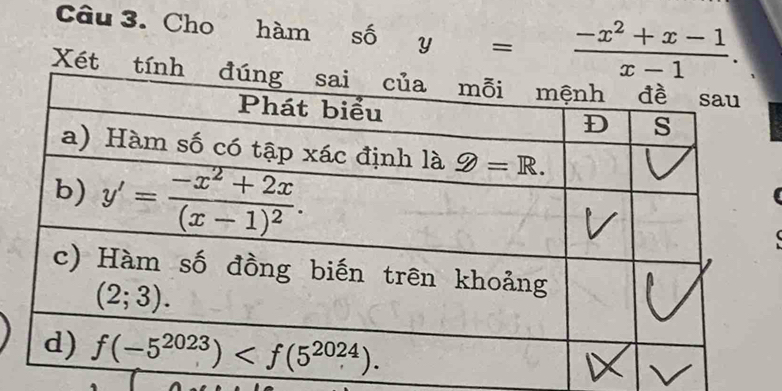 Cho hàm số y= (-x^2+x-1)/x-1 .
Xét tí