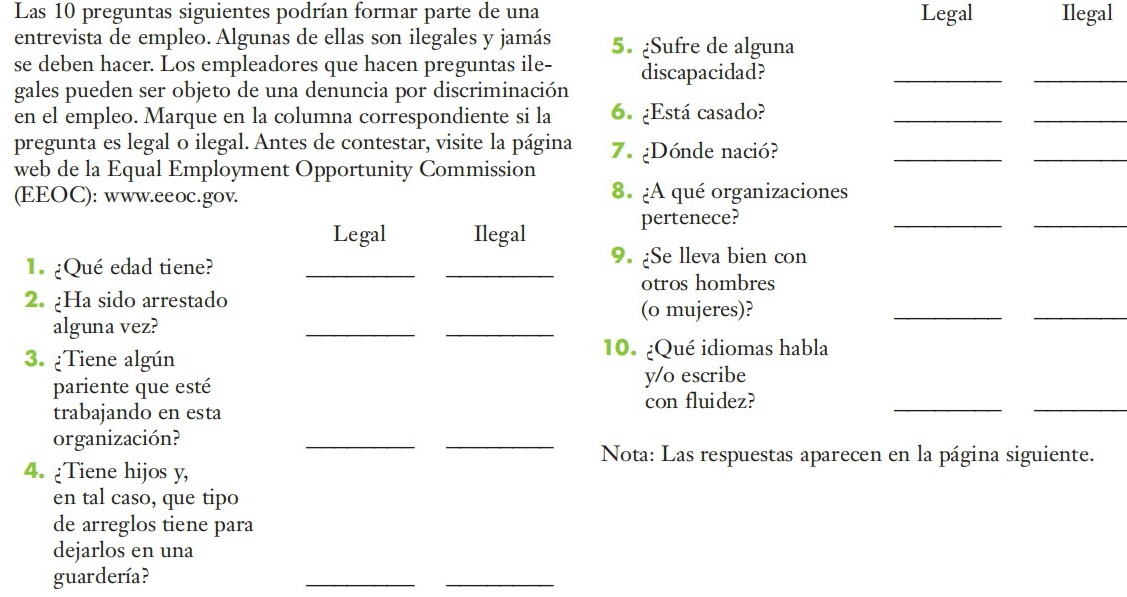 Las 10 preguntas siguientes podrían formar parte de una Legal Ilegal 
entrevista de empleo. Algunas de ellas son ilegales y jamás 5. ¿Sufre de alguna 
__ 
se deben hacer. Los empleadores que hacen preguntas ile- 
gales pueden ser objeto de una denuncia por discriminación discapacidad? 
en el empleo. Marque en la columna correspondiente si la 6. ¿Está casado? 
__ 
pregunta es legal o ilegal. Antes de contestar, visite la página 7 ¿Dónde nació? 
web de la Equal Employment Opportunity Commission 
_ 
_ 
(EEOC): www.eeoc.gov. 8. A qué organizaciones 
Legal Ilegal 
pertenece? 
_ 
_ 
1. ¿Qué edad tiene?_ 
_ 
9. Se lleva bien con 
otros hombres 
__ 
2. Ha sido arrestado (o mujeres)? 
alguna vez? 
__ 
3. ¿Tiene algún 
10. ¿Qué idiomas habla 
pariente que esté y/o escribe 
trabajando en esta con fluidez? 
_ 
_ 
organización? 
__ 
Nota: Las respuestas aparecen en la página siguiente. 
4. ¿Tiene hijos y, 
en tal caso, que tipo 
de arreglos tiene para 
dejarlos en una 
guardería? 
__