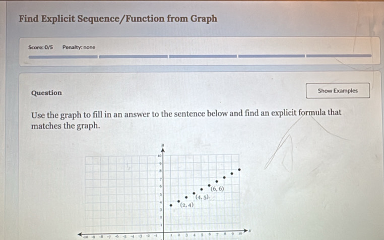 Find Explicit Sequence/Function from Graph
Score: 0/5 Penalty: none
Question Show Examples
Use the graph to fill in an answer to the sentence below and find an explicit formula that
matches the graph.
-10 -9 -8 -7 -6 -5 -3 q -4 3 4 5 b 7