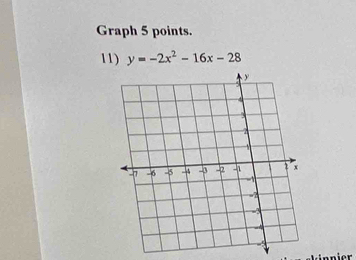 Graph 5 points. 
11) y=-2x^2-16x-28
slinnier