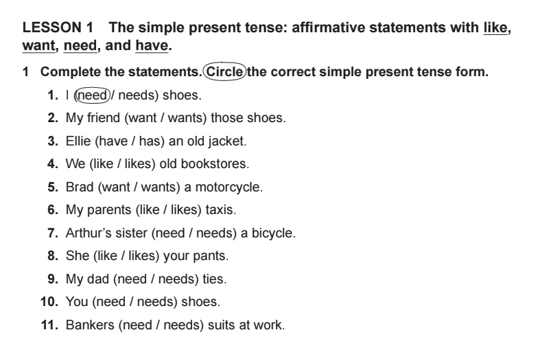 LESSON 1 The simple present tense: affirmative statements with like, 
want, need, and have. 
1 Complete the statements. Circle the correct simple present tense form. 
1. I (need / needs) shoes. 
2. My friend (want / wants) those shoes. 
3. Ellie (have / has) an old jacket. 
4. We (like / likes) old bookstores. 
5. Brad (want / wants) a motorcycle. 
6. My parents (like / likes) taxis. 
7. Arthur's sister (need / needs) a bicycle. 
8. She (like / likes) your pants. 
9. My dad (need / needs) ties. 
10. You (need / needs) shoes. 
11. Bankers (need / needs) suits at work.