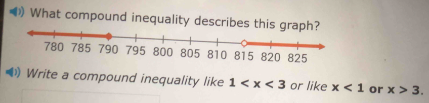 What compound inequality describes this 
Write a compound inequality like 1 or like x<1</tex> or x>3.